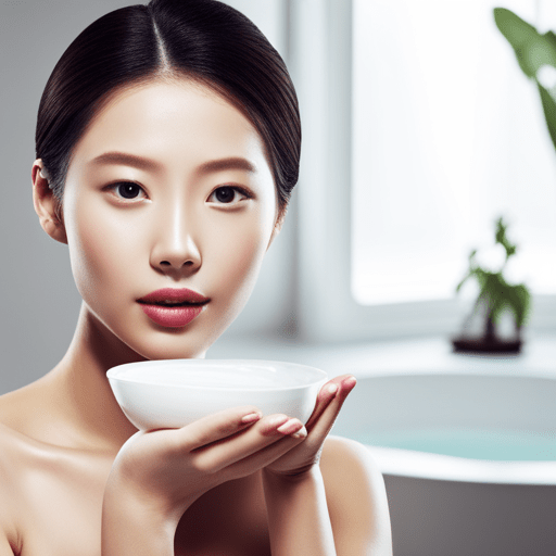 An image showcasing a serene bathroom scene: a person with a radiant complexion gently applying a Korean sheet mask, surrounded by neatly arranged skincare products and a bowl of hydrating essence, evoking a sense of indulgence and self-care