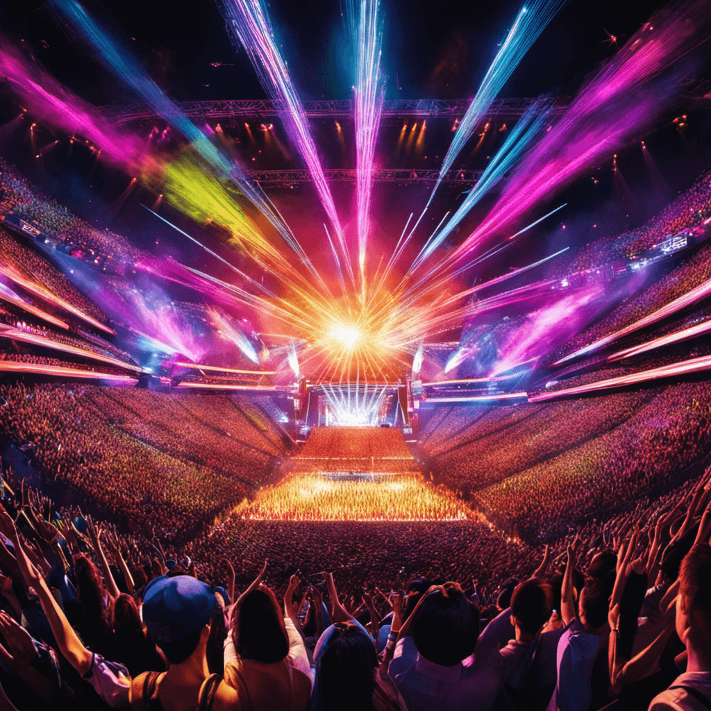 An image that captures the vibrant essence of K-Pop fandom, depicting a sea of colorful light sticks illuminating a concert venue, with ecstatic fans waving them high in the air, their faces filled with pure joy and excitement