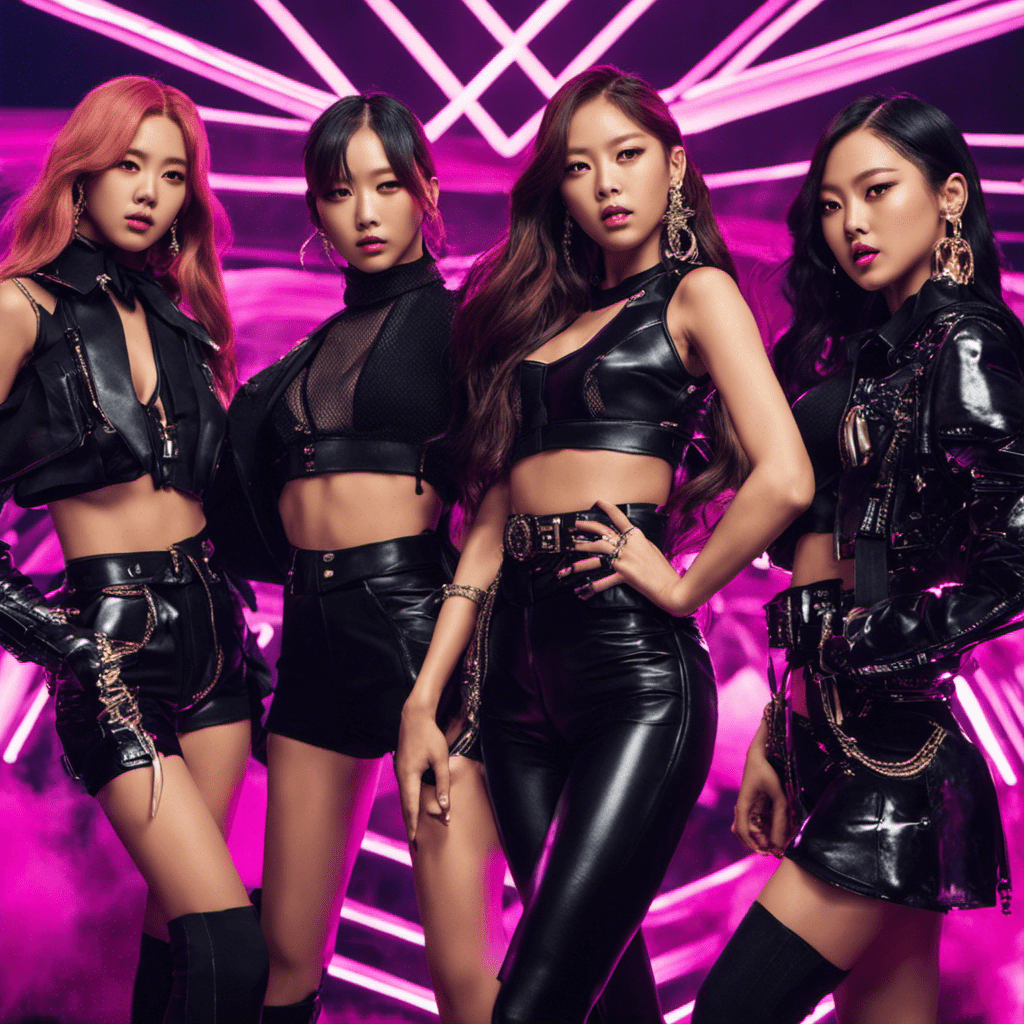  the fierce essence of BLACKPINK's revolution in K-pop girl groups: Four powerful figures, clad in striking stage outfits, dominate the scene with electrifying dance moves and commanding gazes, embodying the epitome of empowerment