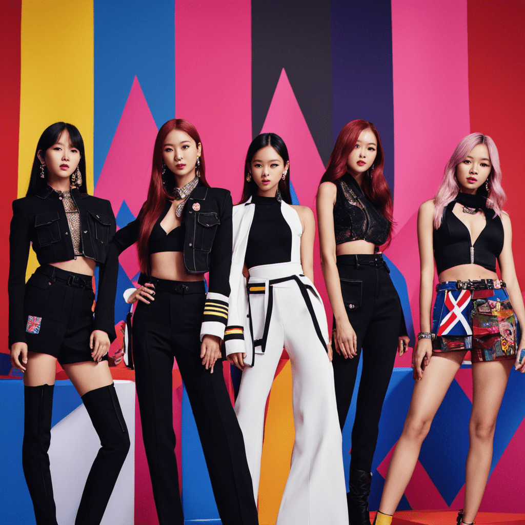 An image showcasing blackpink's global recognition: four silhouettes of the members against a vibrant backdrop of international flags, symbolizing their triumph over cultural barriers and their influential presence across the globe