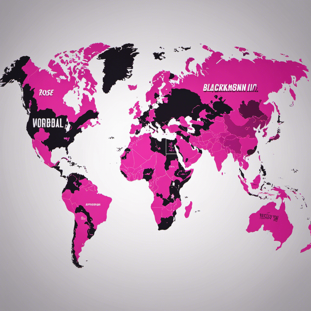 An image showcasing the world map with blackpink's iconic rose logo superimposed, highlighting the continents they've conquered