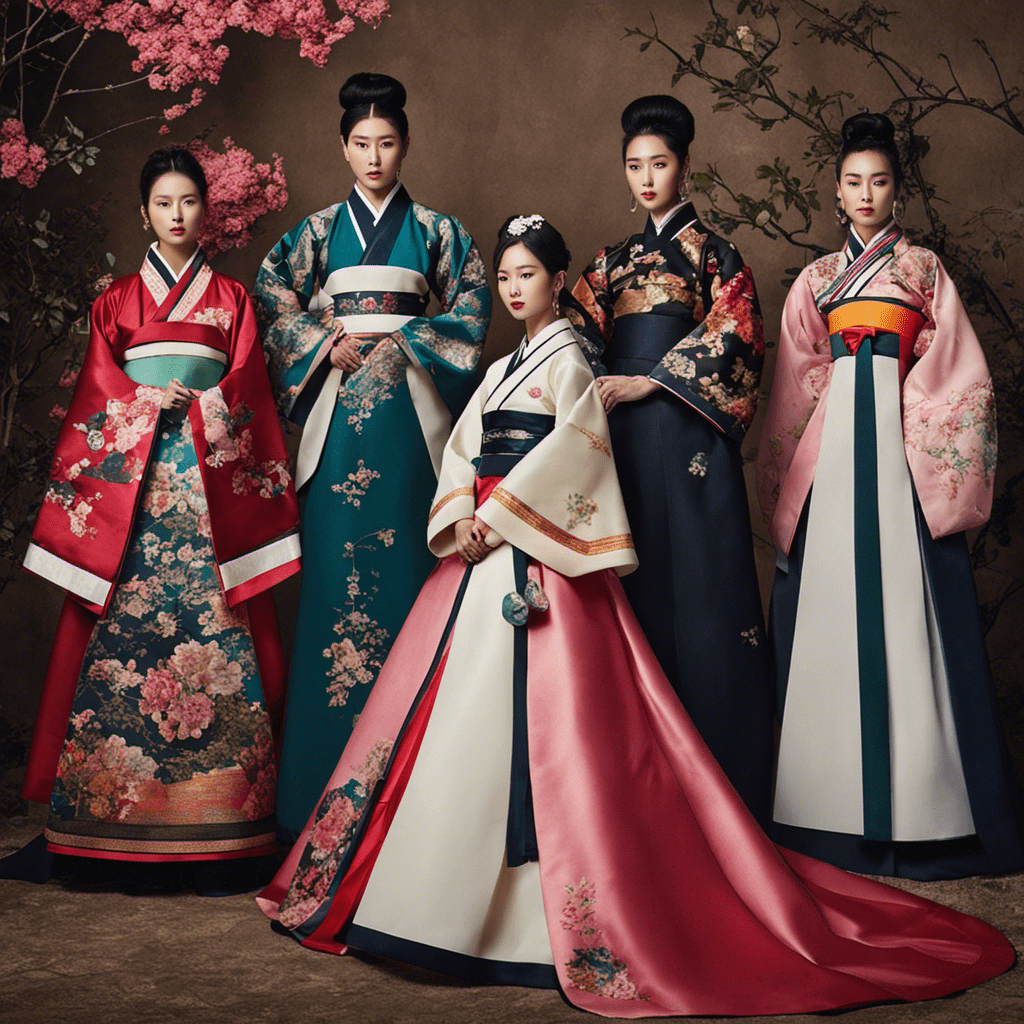 An image capturing the essence of k-pop's evolution by juxtaposing traditional korean elements like hanbok with modern street fashion, symbolizing the breaking of boundaries and stereotypes