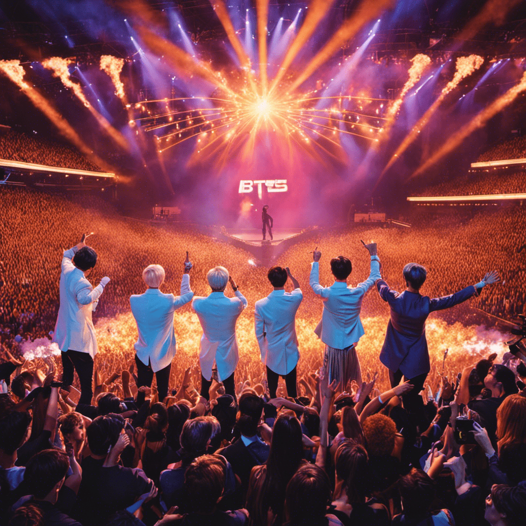 An image showcasing the transformative power of BTS, capturing a euphoric crowd at a concert, their glowing faces aglow with joy, as the group's music unites fans from diverse backgrounds worldwide