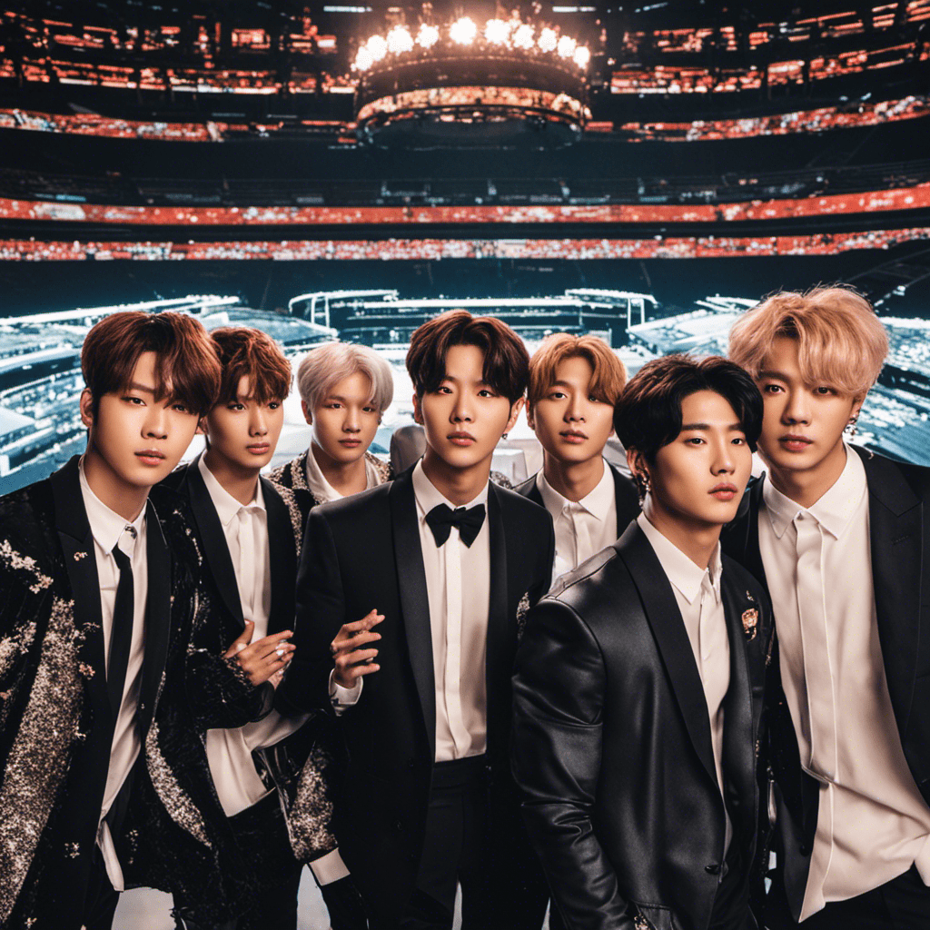 An image that showcases bts's journey from a small k-pop group to global superstars, highlighting their numerous industry achievements such as chart-topping albums, sold-out stadium tours, and award wins, capturing their impact on the music industry