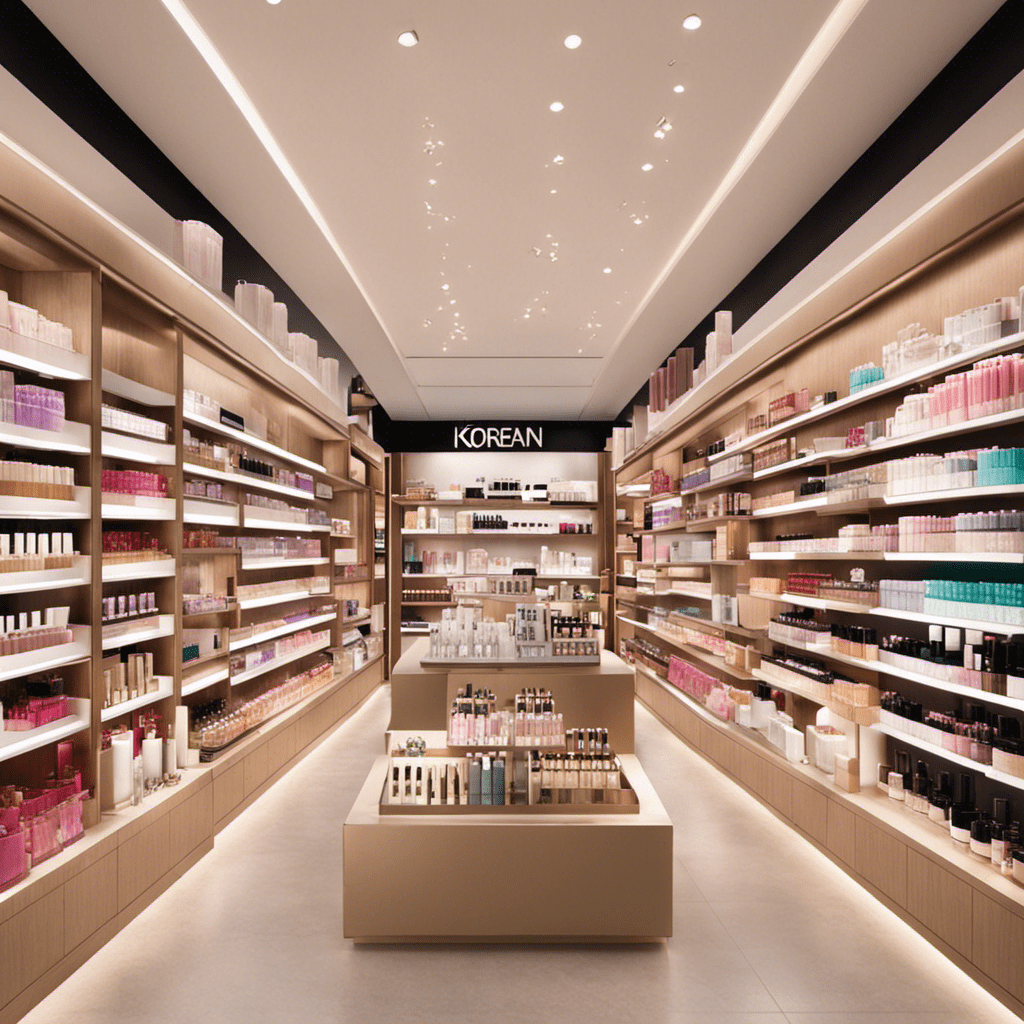 An image showcasing a vibrant virtual shopping aisle, filled with shelves stocked with luxurious Korean cosmetics