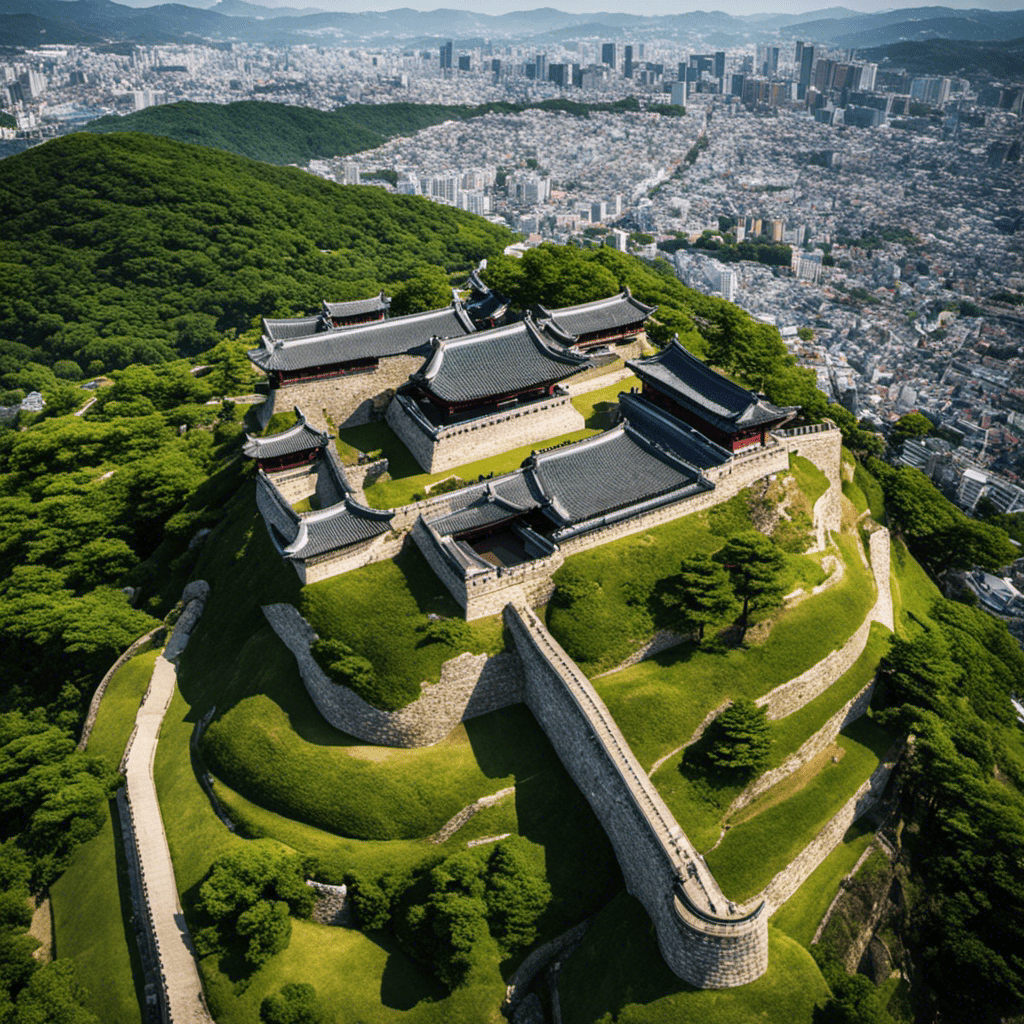  an aerial view of Suwon Hwaseong Fortress, showcasing its majestic stone walls enveloping the city