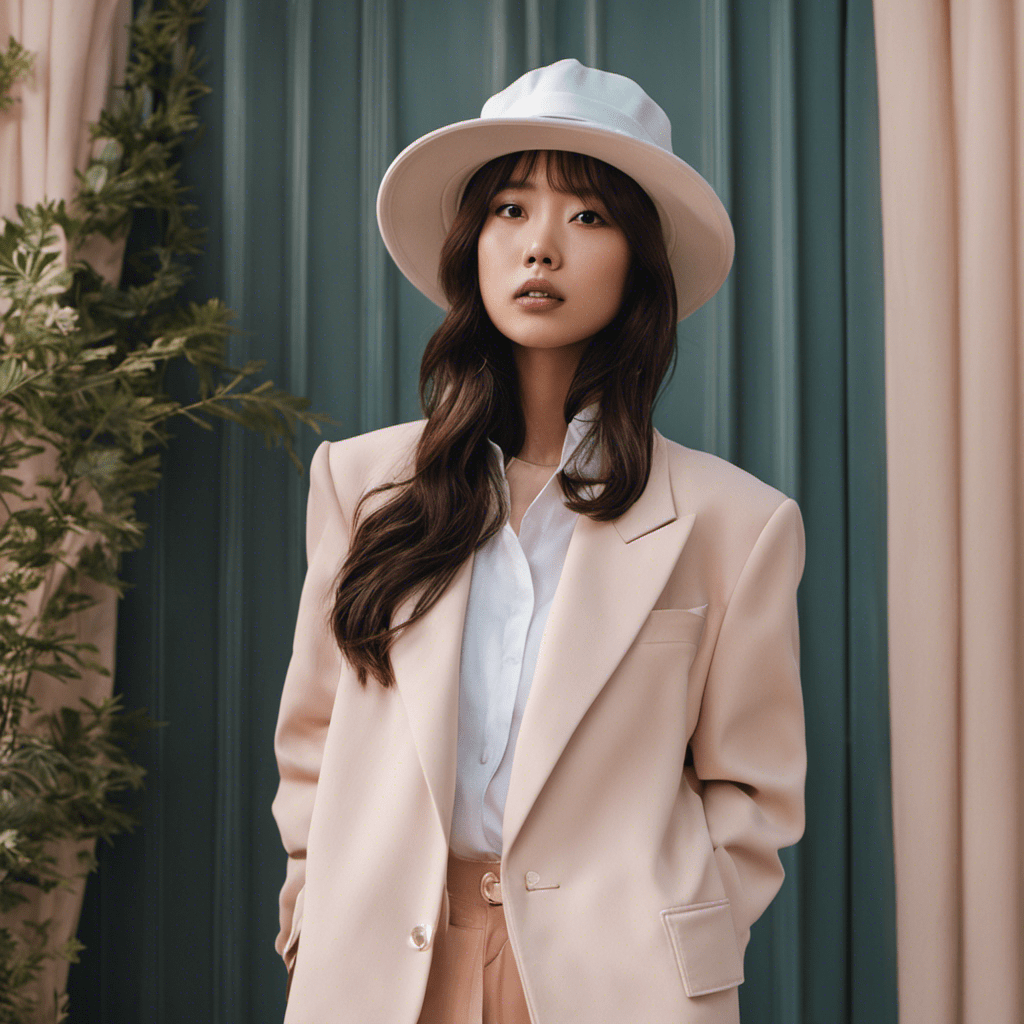 An image showcasing a stylish Korean woman wearing a pastel-toned oversized blazer with high-waisted straight-leg jeans, accessorized with chunky white sneakers and a trendy bucket hat