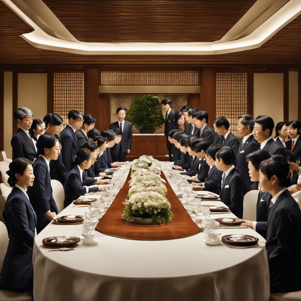 An image showcasing a Korean business setting, with a well-dressed individual bowing respectfully to another, illustrating the formal greeting culture in Korea