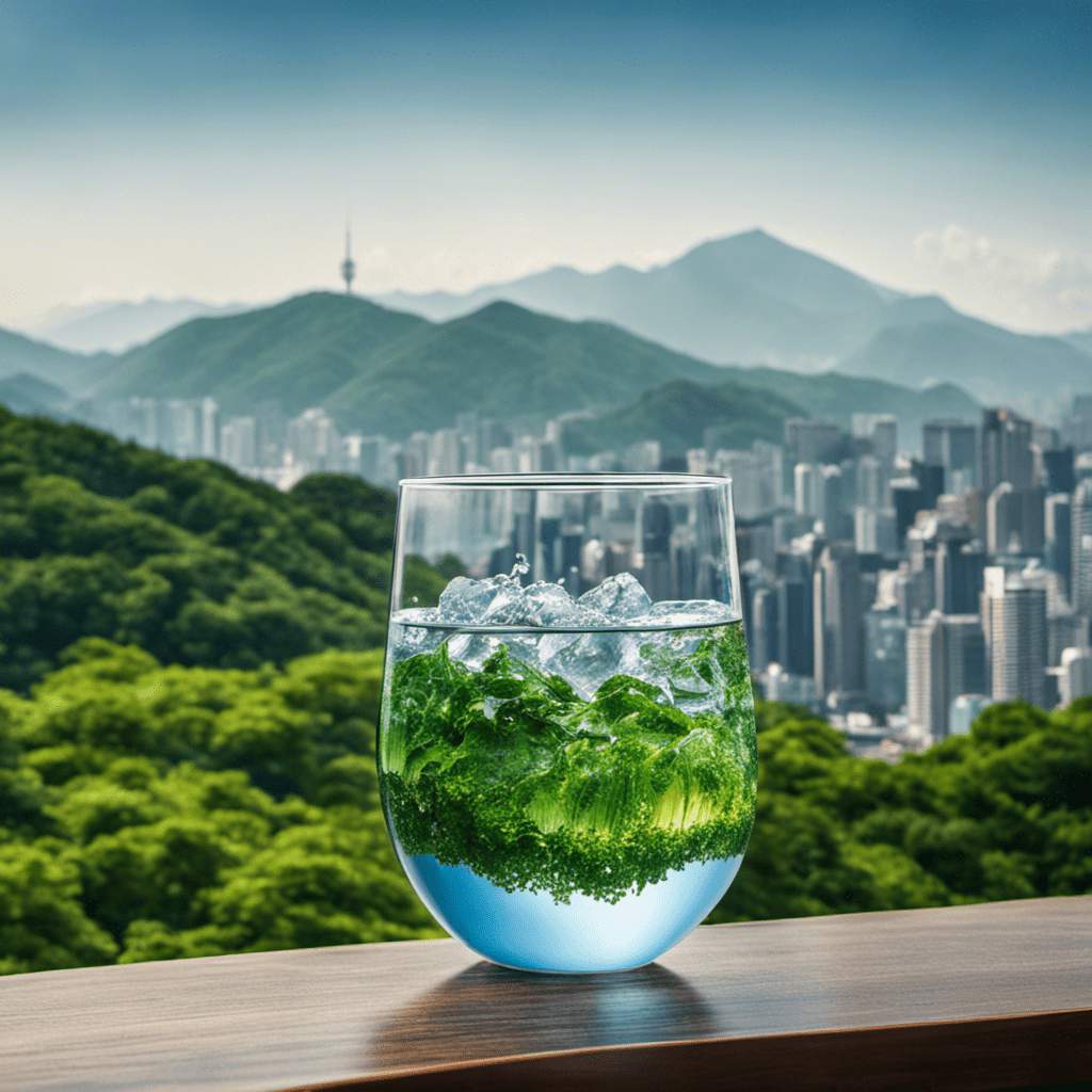 An image showcasing a close-up of a crystal-clear, overflowing glass of tap water in South Korea, surrounded by a backdrop of lush green mountains and a modern city skyline, symbolizing the safety and purity of Korean drinking water