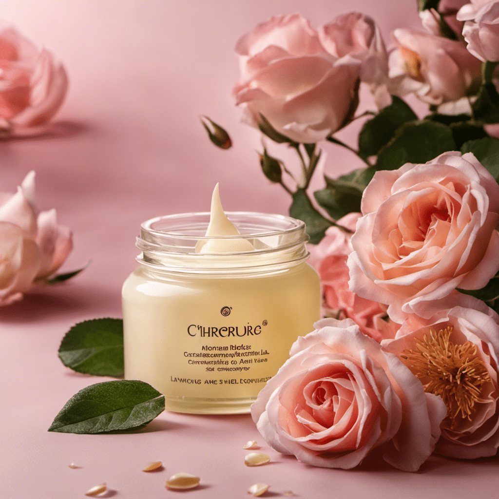 An image showcasing a close-up shot of a luxurious Korean moisturizer jar, filled with hydrating ingredients like hyaluronic acid, ceramides, and shea butter, surrounded by fresh, dewy rose petals