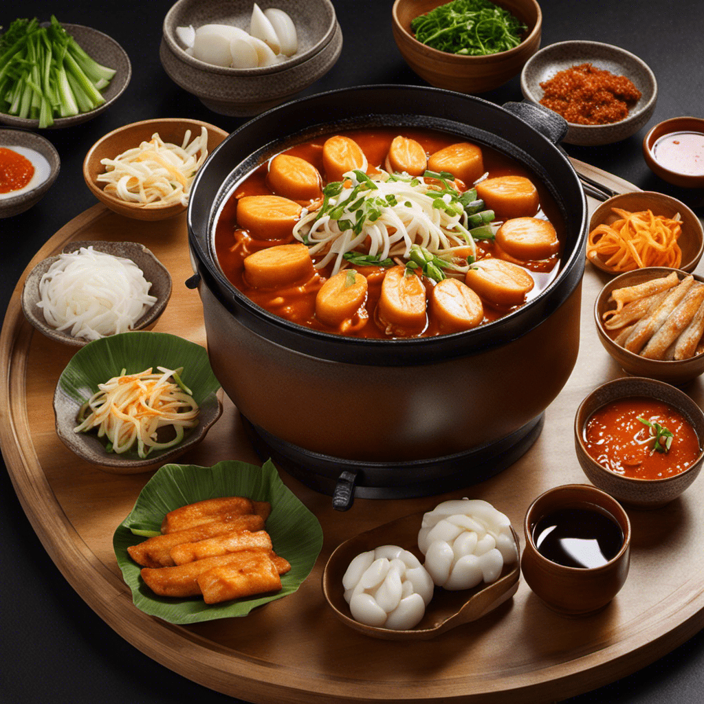 An image featuring a close-up shot of a bubbling pot of tteok-bokki simmering over an open flame