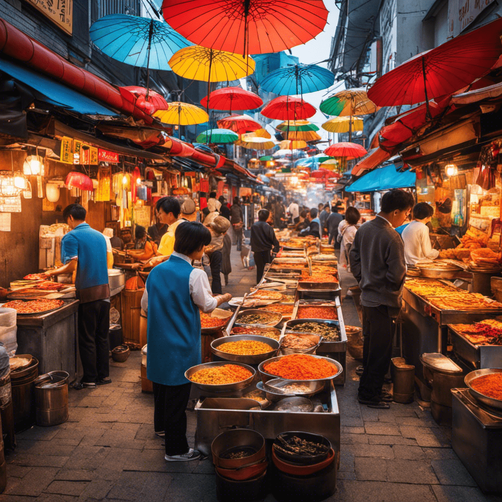 An image showcasing the vibrant streets of korea, filled with bustling food stalls and colorful umbrellas