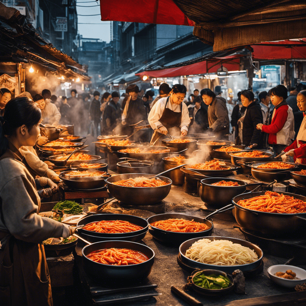 An image showcasing a bustling korean street market, filled with vibrant food stalls