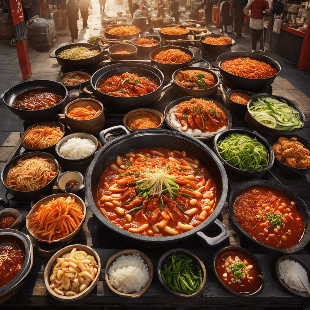 An image showcasing a bustling korean street food market, filled with vibrant food stalls and steam rising from sizzling pans