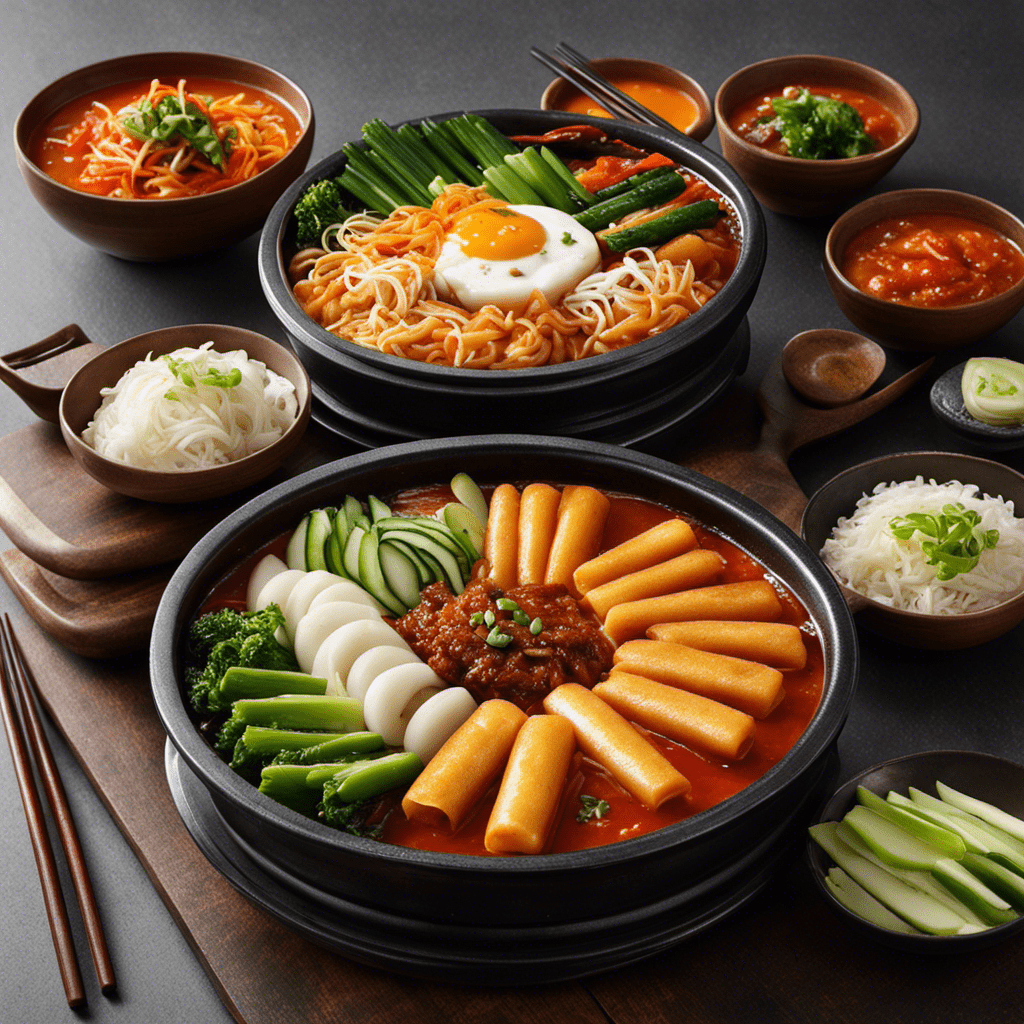 An image showcasing a steaming hot plate of tteok-bokki filled with chewy rice cakes, vibrant vegetables, and a spicy sauce