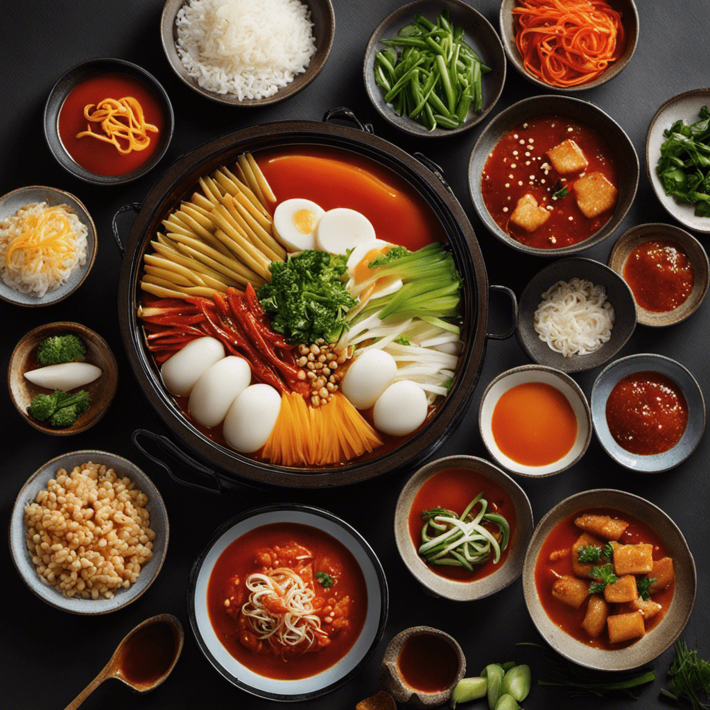 An image showcasing a vibrant assortment of tteok-bokki ingredients and variations