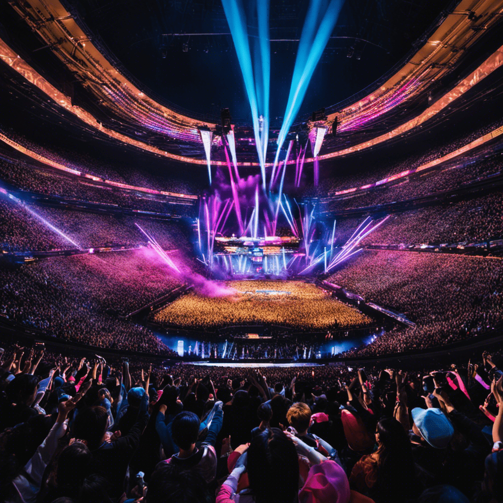 An image capturing a sea of colorful lightsticks, waving in unison as fans cheer passionately during a k-pop concert