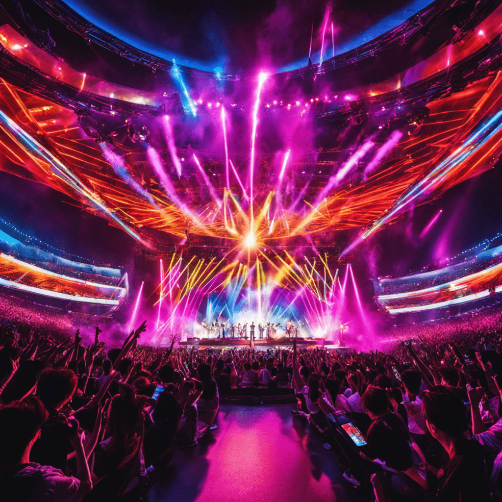 An image showcasing a colorful concert stage, ablaze with vibrant lights and filled with energetic K-pop idols, surrounded by ecstatic fans waving glowing light sticks, capturing the electrifying essence of the K-pop world