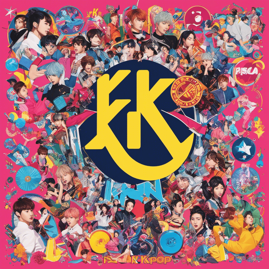 An image showcasing a vibrant collage of iconic K-Pop symbols, such as a lightstick, fan art, and bias wrecker memes, capturing the essence of K-Pop fandom culture