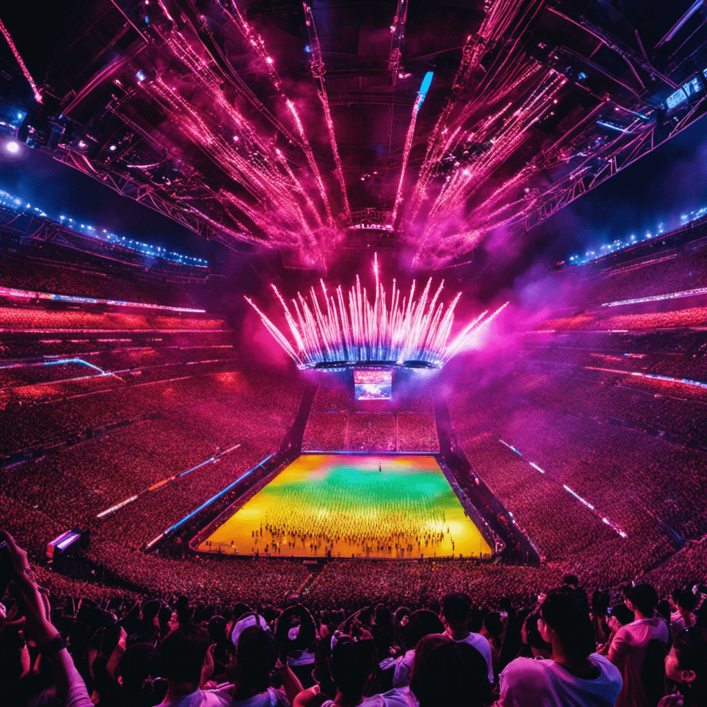 An image showcasing a vibrant concert atmosphere, with a sea of illuminated lightsticks swaying in unison, while fans energetically chant fanchants, forming a captivating visual symphony of fandom unity and excitement