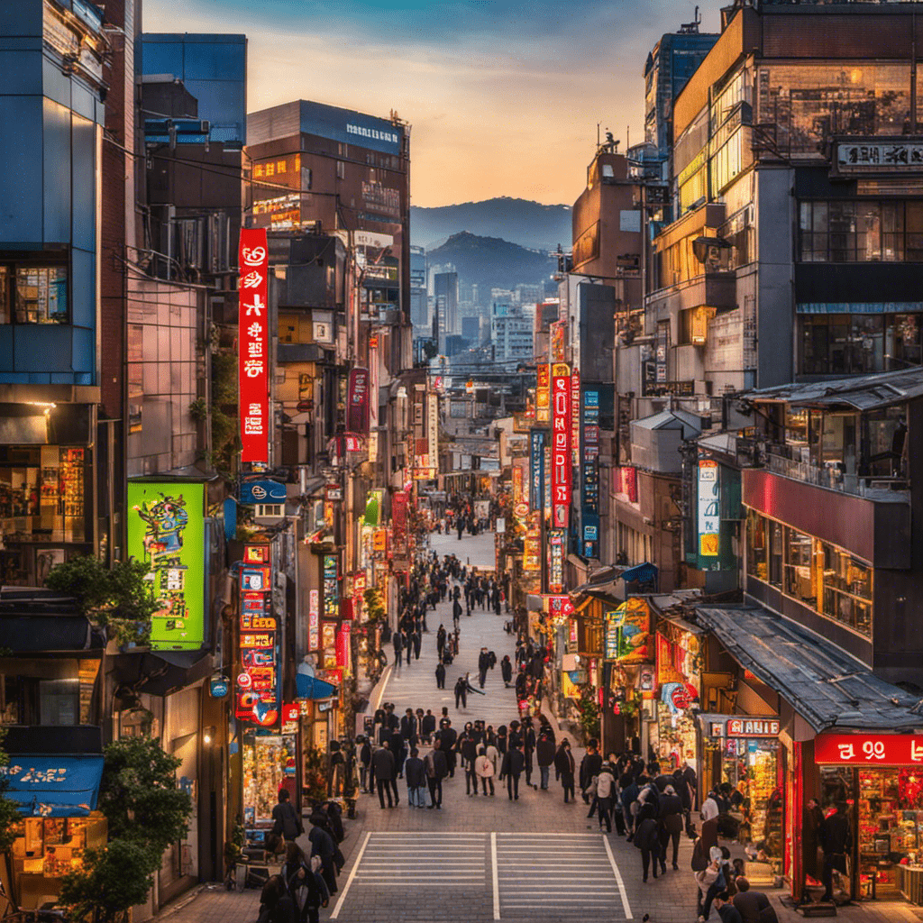  the essence of the lively Garosugil area in Seoul with a vibrant image showcasing its bustling streets lined with trendy boutiques, stylish cafes, and colorful storefronts