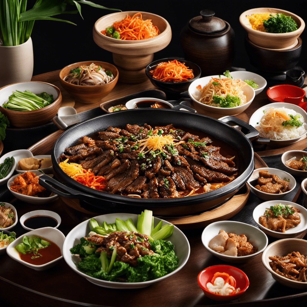  the vibrant essence of Tanjong Pagar's culinary scene by showcasing an image of a sizzling hotplate filled with succulent bulgogi, surrounded by an array of banchan side dishes, all exuding the rich colors and aromas of authentic Korean cuisine