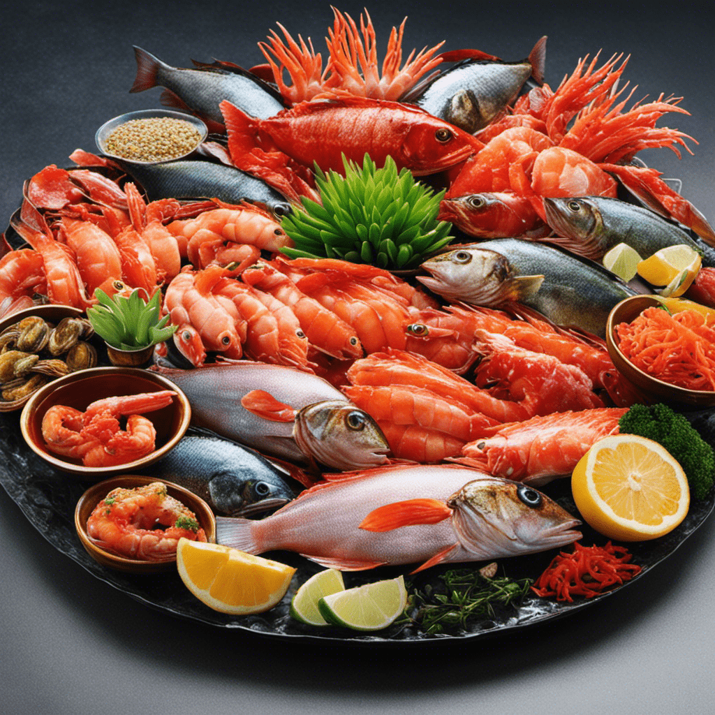 An image capturing the vibrant display of a korean seafood market, showcasing an array of glistening fish, succulent crustaceans, and exotic mollusks