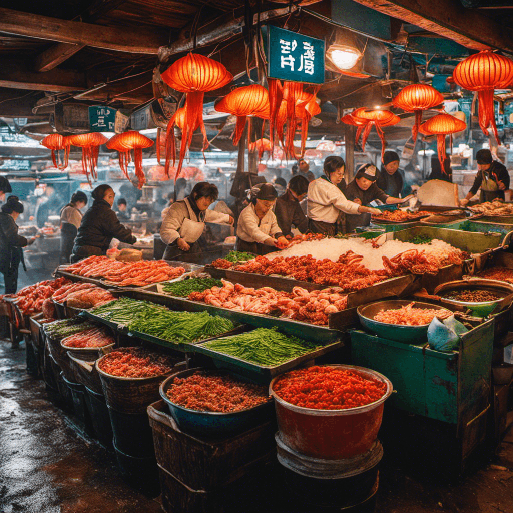 An image capturing the vibrant atmosphere of a Korean seafood market: colorful stalls brimming with glistening fish, lively vendors expertly filleting octopuses, and customers eagerly selecting from an array of shells, crabs, and seaweed