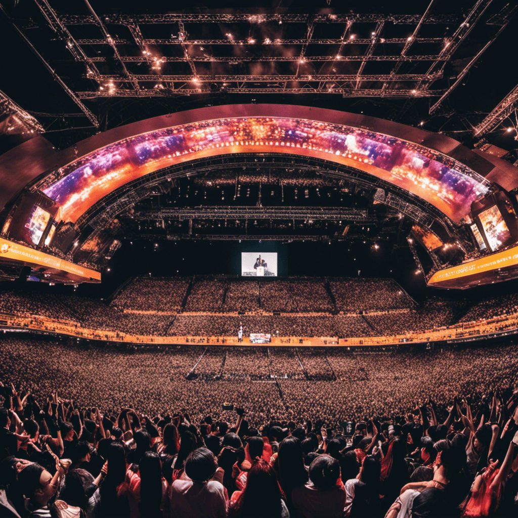 An image showcasing a diverse crowd of devoted fans at a k-pop concert, intensely engaged on their smartphones, capturing and sharing memorable moments of their beloved idols, symbolizing the power of fan culture and social media in propelling international superstars