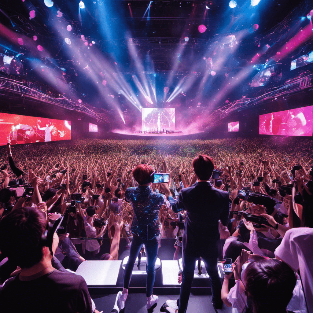 An image showcasing an augmented reality concert experience, with holographic k-pop idols performing on a stage surrounded by a crowd of fans wearing virtual reality headsets, illustrating the exciting future possibilities of technological advancements in the entertainment industry