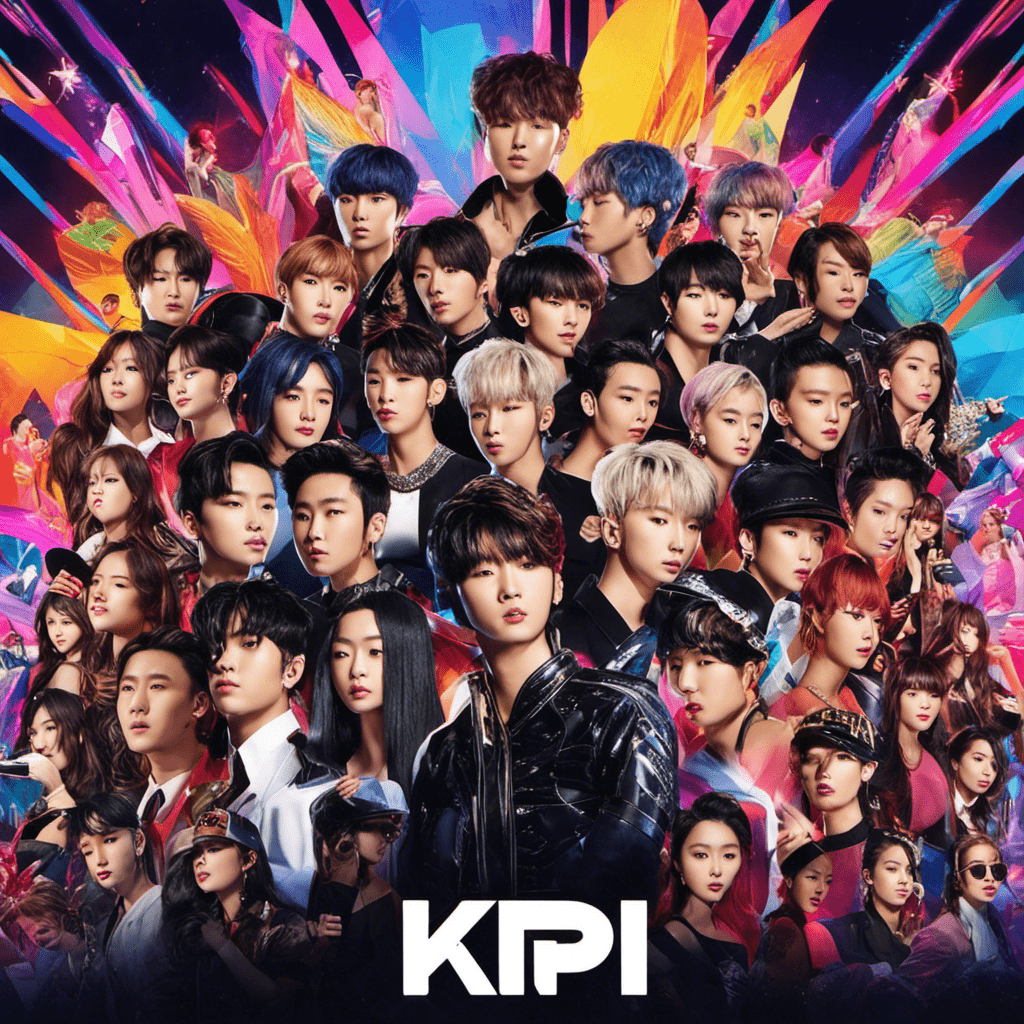 Nt collage of diverse young artists from different countries, lit up by flashing paparazzi cameras, surrounded by adoring fans, and standing on a global stage, symbolizing the meteoric rise of international superstars in the world of K-Pop