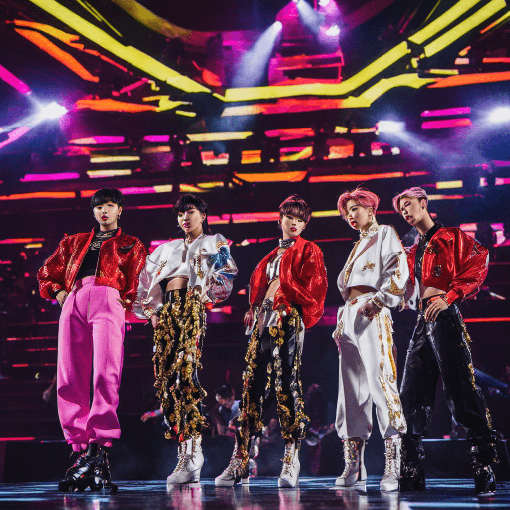 An image that captures the electrifying essence of a K-Pop group, showcasing their vibrant choreography, dazzling stage presence, and distinctive fashion style, serving as a visual testament to their iconic status in the industry