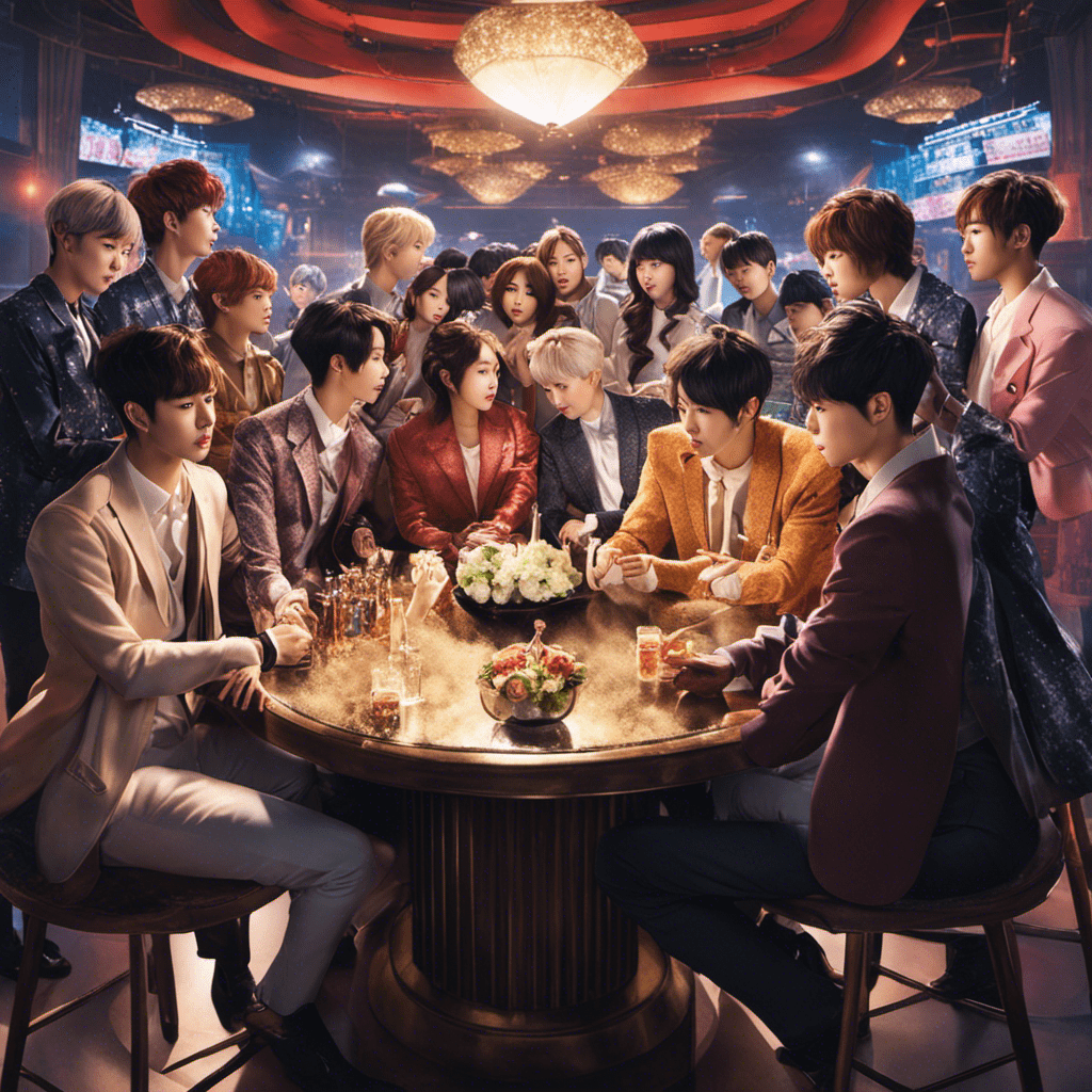 An image depicting a diverse group of passionate fans engaging in lively discussions and debates about their favorite k-pop group, reflecting the profound impact and lasting implications of fandom engagement within the industry