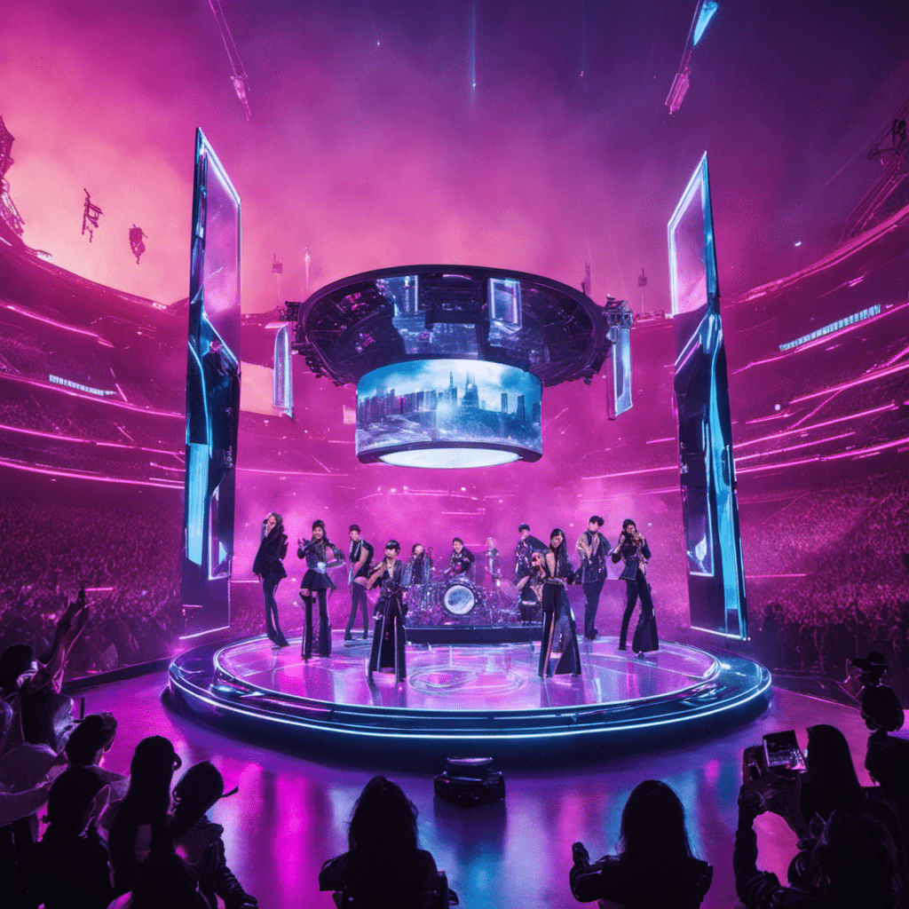 An image showcasing a futuristic concert stage, surrounded by holographic screens and augmented reality effects, as an emblematic k-pop group performs, capturing the intersection of technology and the iconic k-pop scene