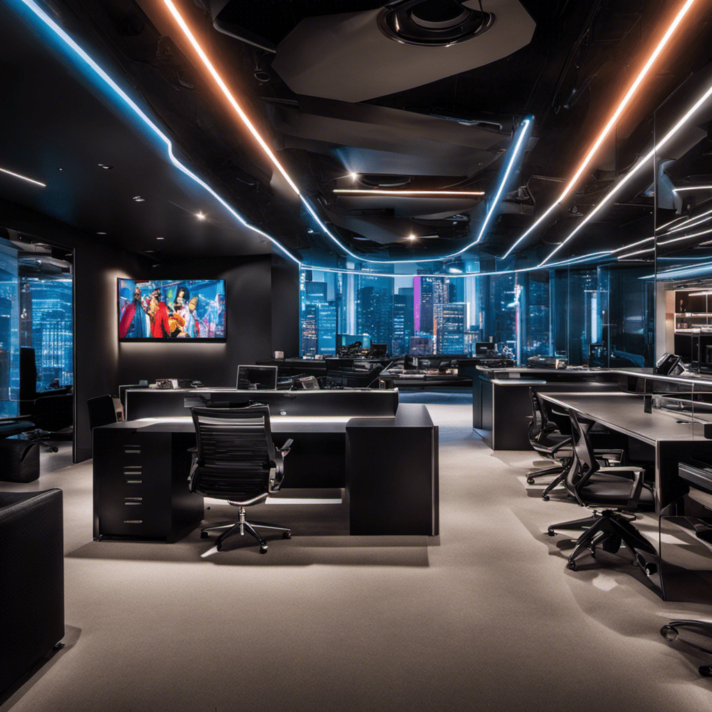 An image showcasing a sleek, modern office space with glass walls adorned with platinum records