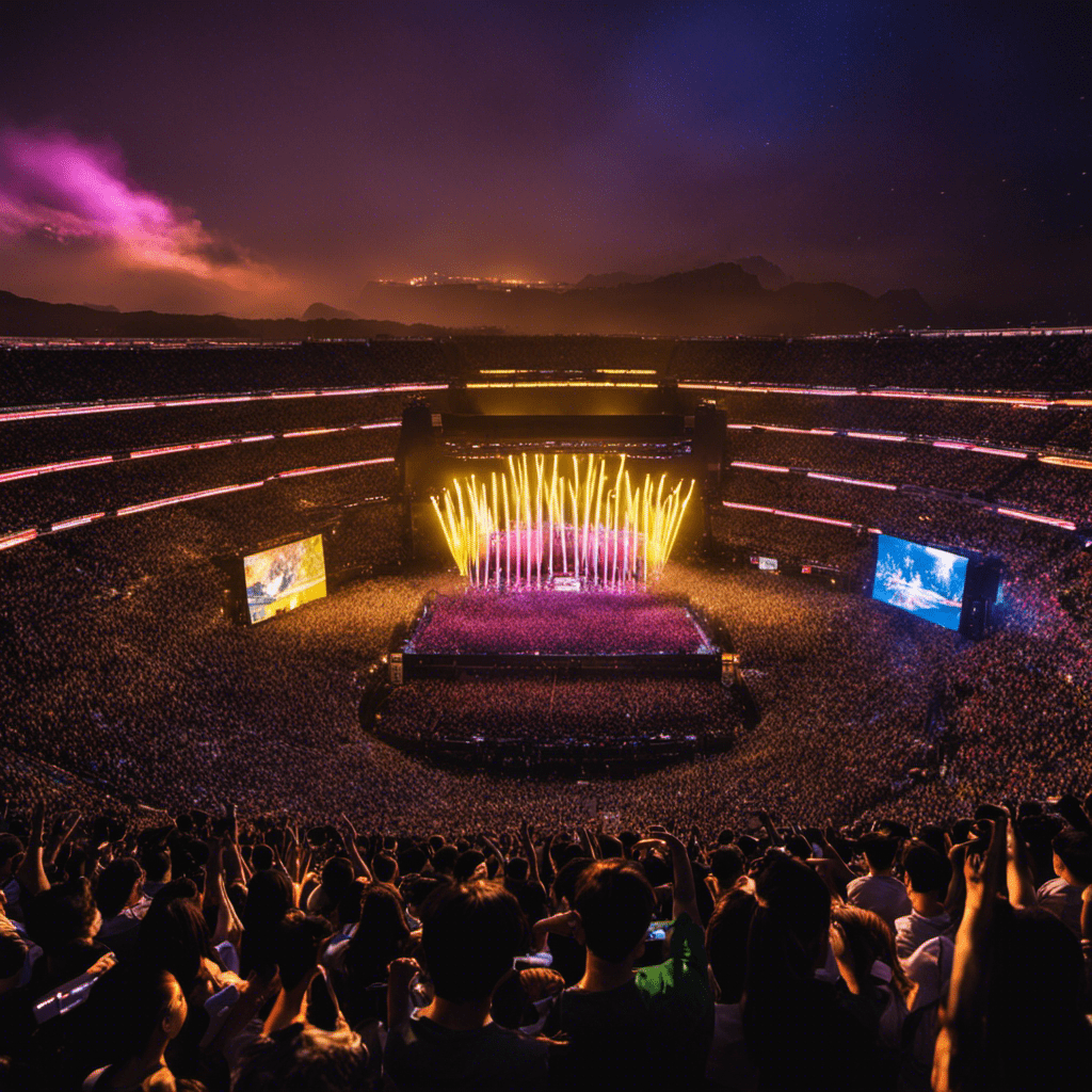  the electrifying atmosphere of a K-Pop concert: vibrant stage lights illuminate a sea of fans waving glowsticks, while excited fans chant in unison