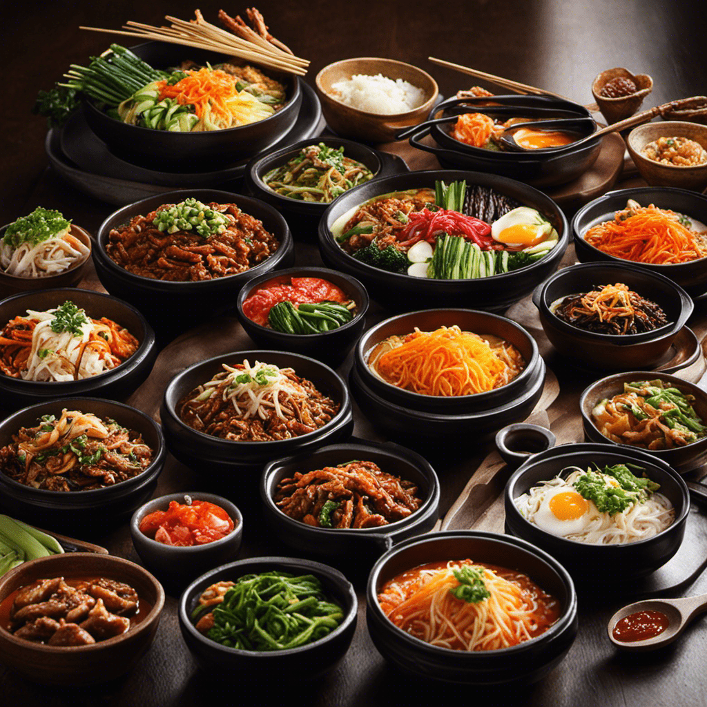 An image showcasing a vibrant and bustling Korean street food market, filled with sizzling pans of bibimbap, steaming bowls of kimchi jjigae, and colorful arrays of banchan, capturing the global impact of Korean cuisine