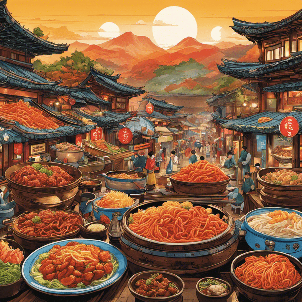 An image showcasing a vibrant Korean market bustling with locals, filled with colorful arrays of kimchi, bulgogi, bibimbap, and sizzling hotpots, capturing the essence of Korean cuisine's rich flavors and centuries-old traditions