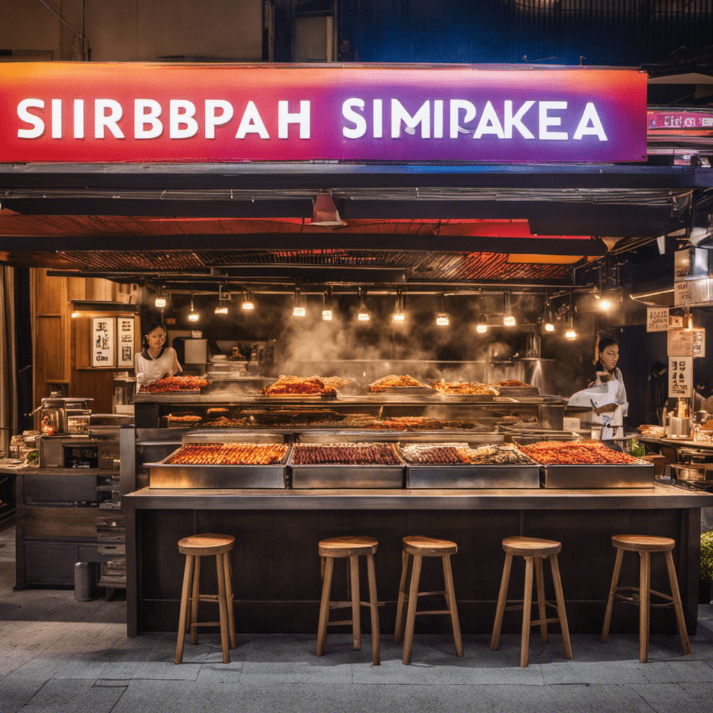  the vibrant essence of Korean cuisine in Singapore with a mesmerizing image: a bustling street lined with sizzling barbecue grills, adorned with colorful kimchi jars, and filled with the tantalizing aroma of bibimbap and hotteok