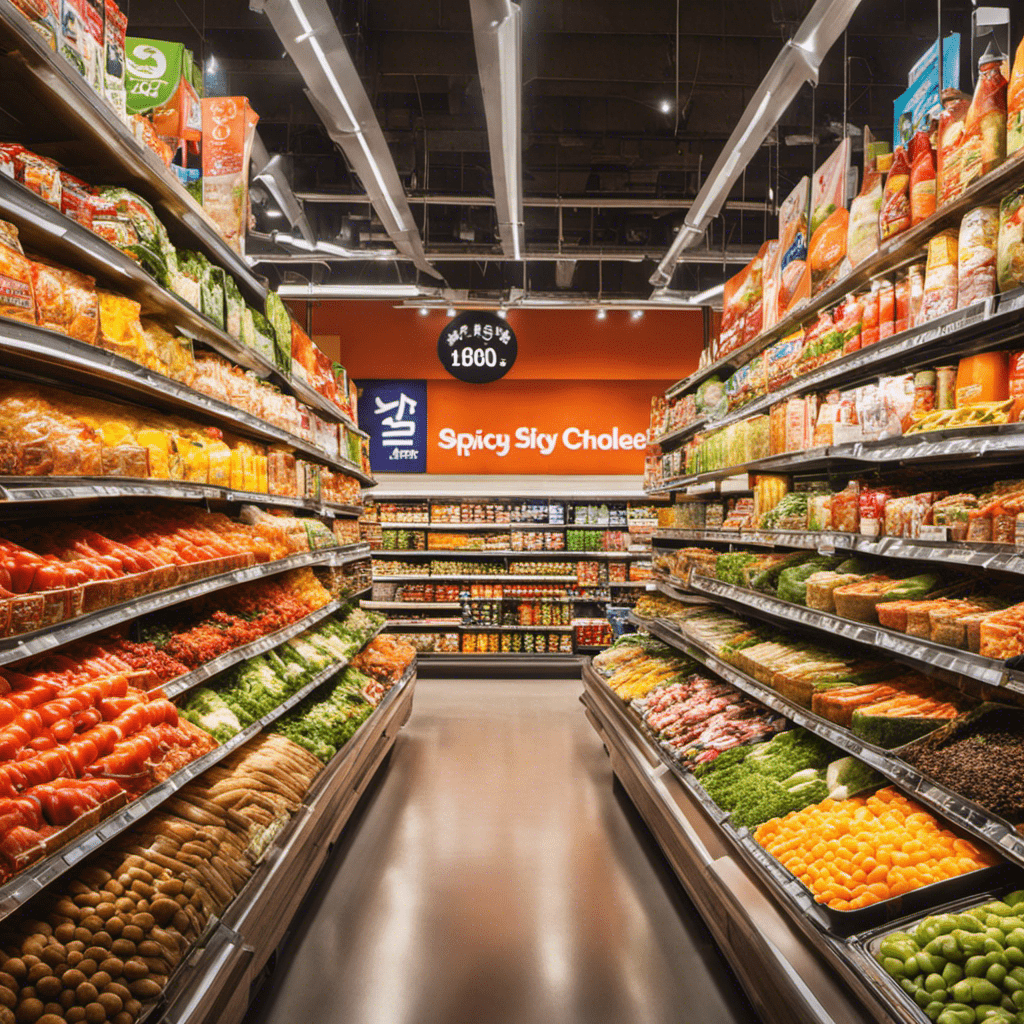 An image showcasing a vibrant grocery store aisle filled with an array of colorful Korean food products