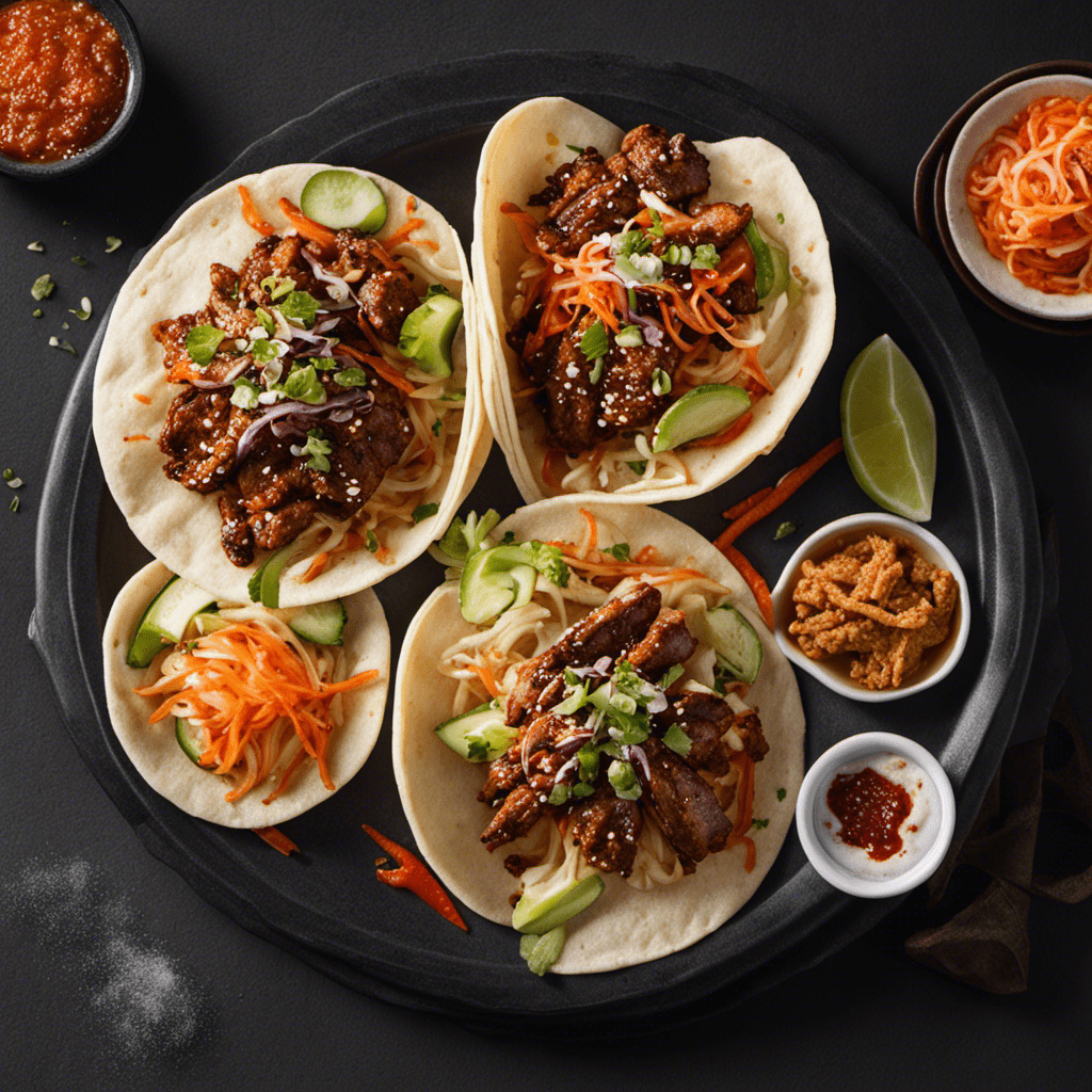  the essence of Korean fusion cuisine in a vibrant image: A sizzling bulgogi taco topped with tangy kimchi slaw, nestled beside a crispy fried chicken bao bun oozing with spicy gochujang mayo