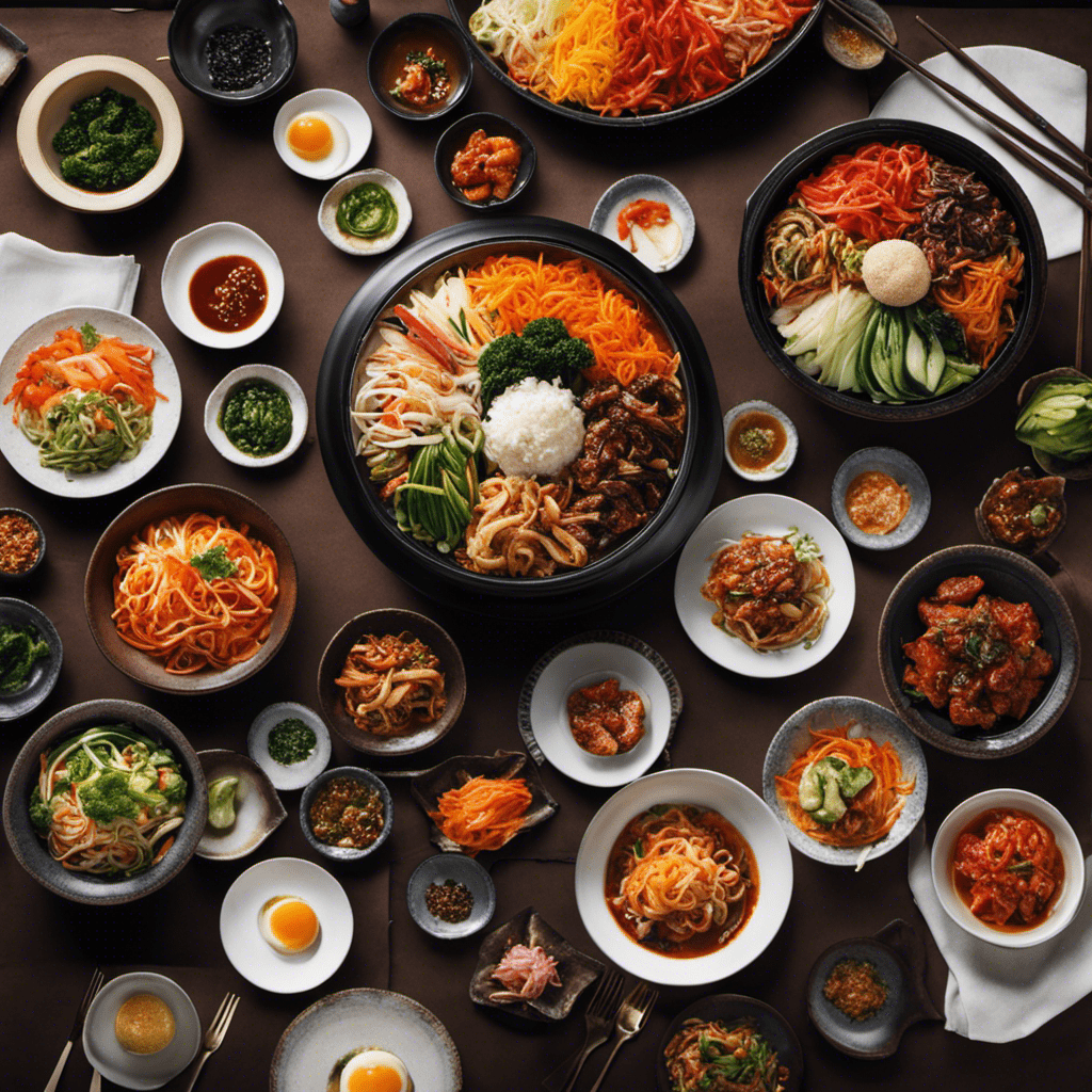 An image of a traditional South Korean table, adorned with vibrant dishes like Bibimbap and Kimchi