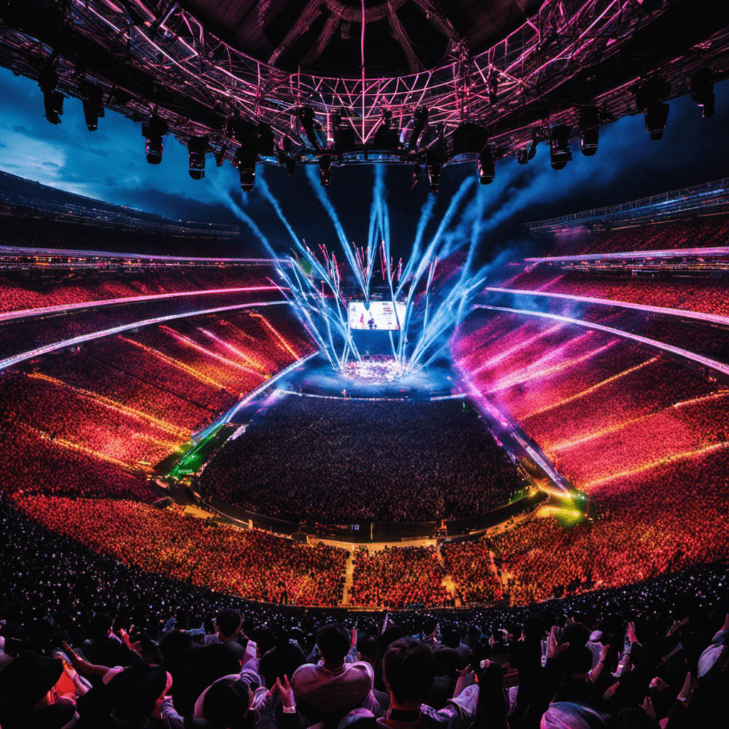 An image showcasing a vibrant stadium packed with excited fans, their hands forming a sea of lightsticks, as BTS electrifies the stage with their dynamic performance, symbolizing their meteoric rise to international fame