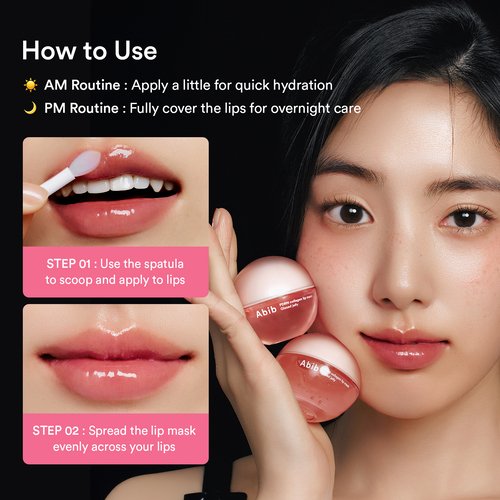Diagram showing how to use Abib PDRN Collagen Lip Mask for AM quick hydration and PM overnight care using a spatula