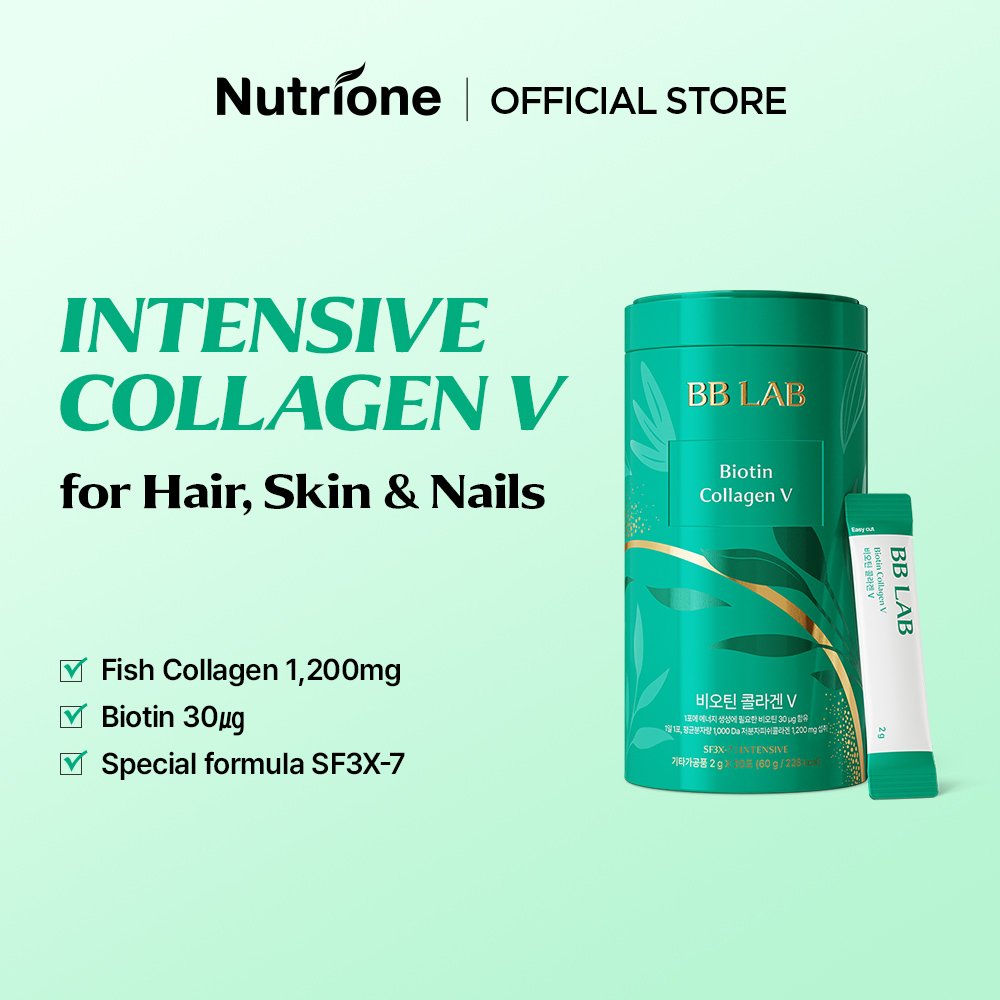 BB LAB Intensive Biotin Collagen V box listing fish collagen 1,200mg, biotin 30µg, and SF3X-7 special formula