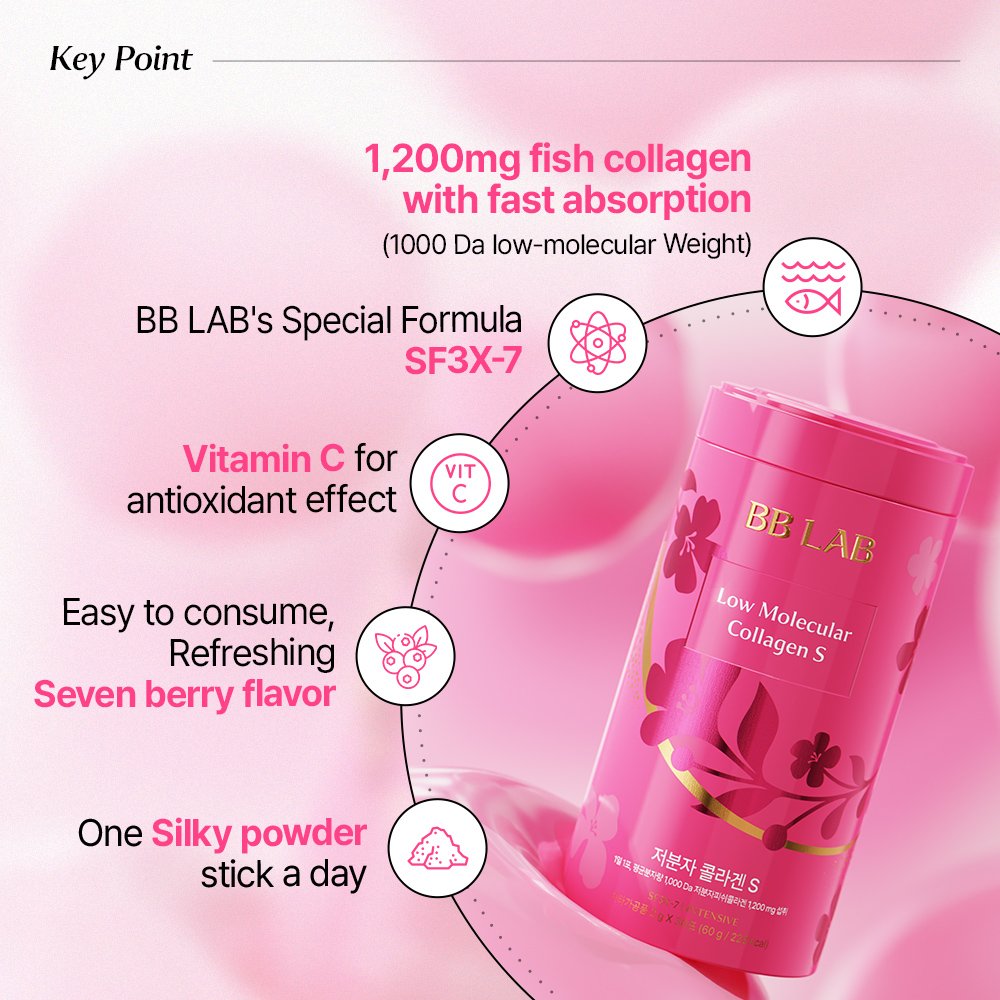 BB LAB Low Molecular Collagen S key points featuring 1000 Da fish collagen and Seven Berry flavor