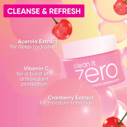 Banila Co Clean It Zero ingredients featuring Acerola Extract, Vitamin C, and Cranberry Extract