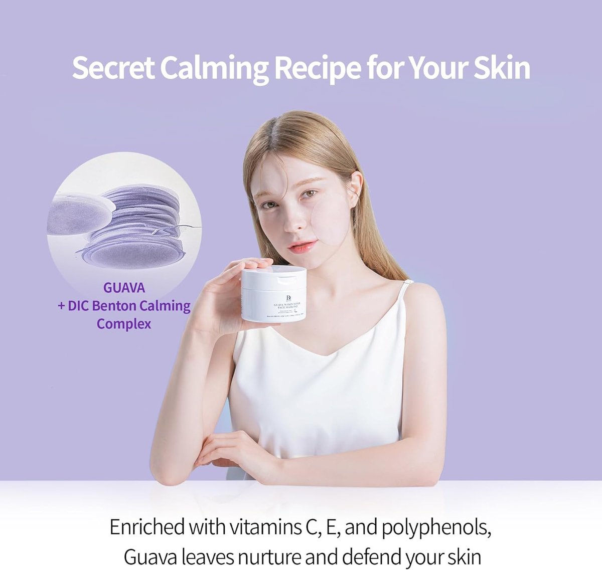 Benton Guava 70 Skin Toner Face Mask Pad features showing Guava and DIC Benton Calming Complex