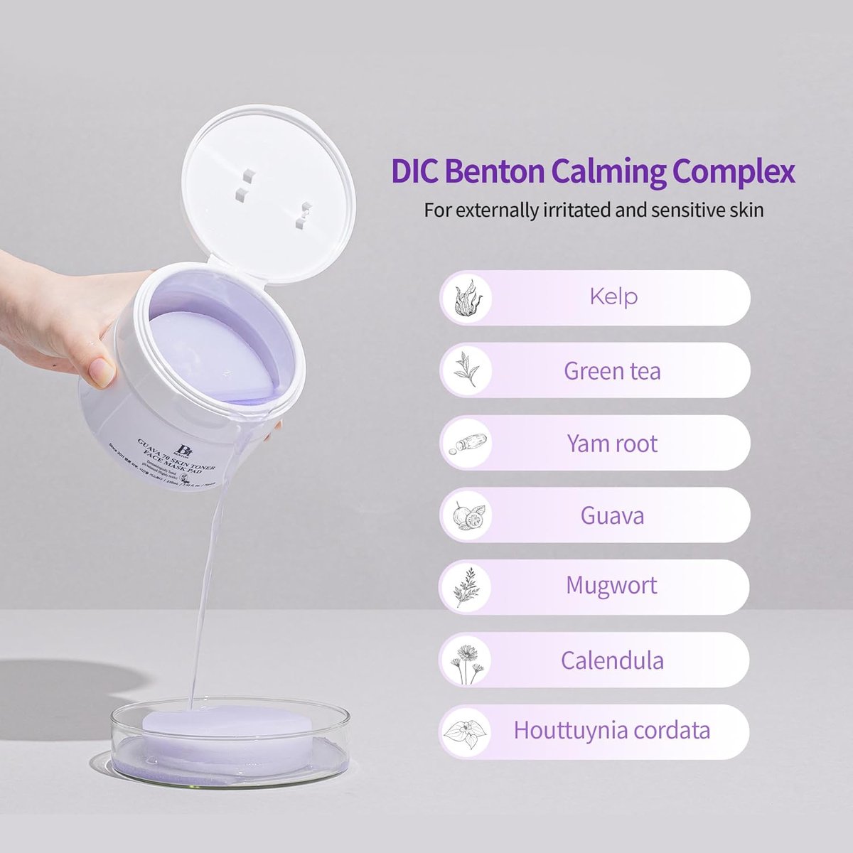 DIC Benton Calming Complex ingredient list including Kelp, Green tea, Yam root, Guava, Mugwort, Calendula, and Houttuynia cordata