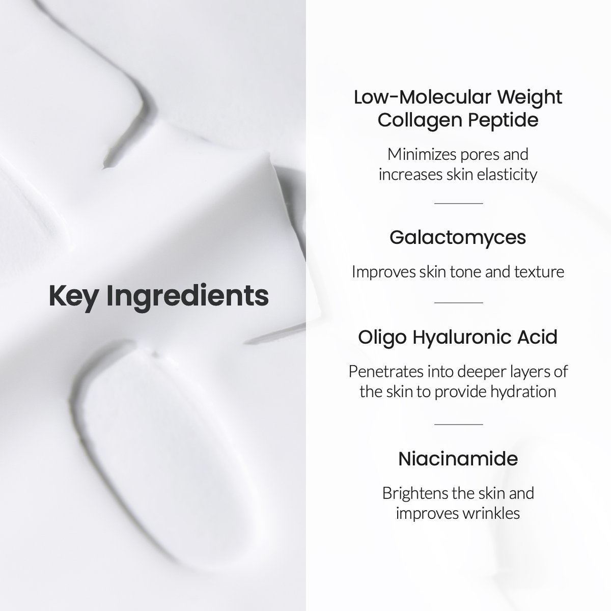 Infographic displaying key ingredients including Collagen Peptide, Galactomyces, Oligo Hyaluronic Acid, and Niacinamide